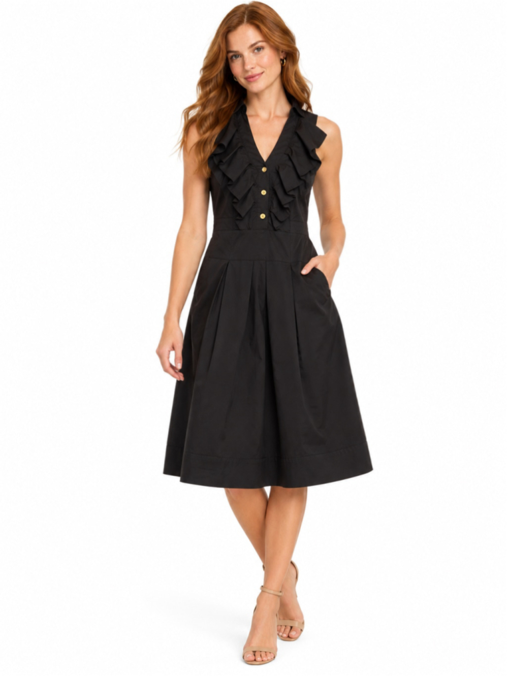 Express Black Sleeveless Ruffle Midi Dress with Pockets Size 6
